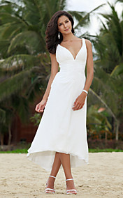 A-line V-neck Asymmetrical Tea-length Chiffon Wedding Dress