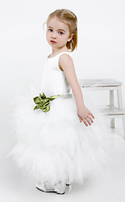 Ball Gown Jewel Tea-length Satin Tulle Flower Girl Dress