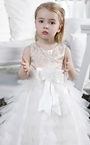 A-line Jewel Floor-length Tulle Satin Flower Girl Dress