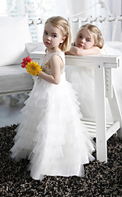 A-line Jewel Floor-length Tulle Satin Flower Girl Dress