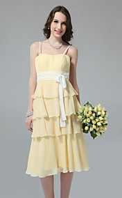 Sheath/Column Spaghetti Straps Tea-length Tiered Chiffon Bridesmaid Dress 