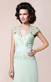 A-line V-neck Floor-length Chiffon Mother of the Bride Dress With Appliques