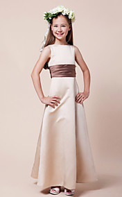 A-line Bateau Floor-length Satin Junior Bridesmaid Dress