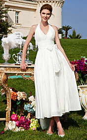 A-line Halter Tea-length Taffeta Wedding Dress 