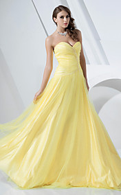 A-line Strapless Floor-length Tulle And Satin Evening Dress 