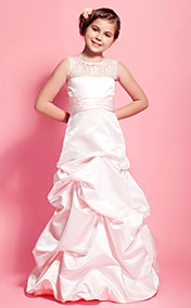 A-line Scoop Floor-length Satin Lace Junior Bridesmaid Dress With Pick Up Skirt 