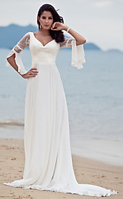 Sheath/ Column Sweep/ Brush Train Chiffon Lace Wedding Dress