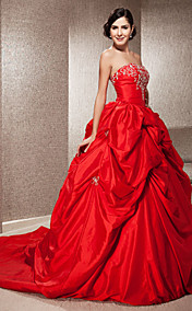 Ball Gown Strapless Sleeveless Taffeta Chapel Train Red Wedding Dress 
