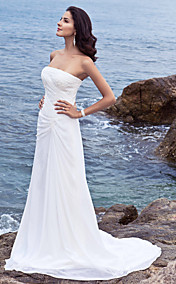 Sheath/ Column Side-Draped Fit and Flare Wedding Dresses with Beaded Applique