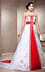 A-line Strapless Chapel Train Satin Wedding Dress With Embroidery