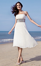 Sheath/ Column Spaghetti Straps Tea-length Chiffon Wedding Dress