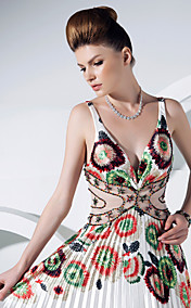 A-line V-neck Floor-length Charmeuse And Tulle Evening Dress