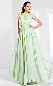 Free Measurements ! Jewel Neck Floor-length Chiffon Stretch Satin Evening/Prom Dress 