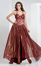 A-line Halter Floor-length Sweep/Brush Train Chiffon Evening Dress
