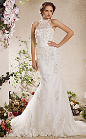Trumpet/Mermaid High Neck Court Train Lace Tulle Wedding Dress 