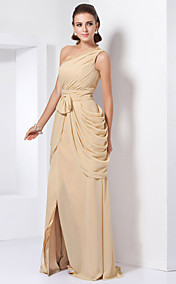  A-line Princess One Shoulder Floor-length Chiffon Evening Dress With Split Front