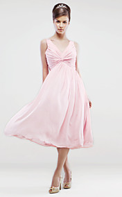 A-line V-neck Knee-length Chiffon Bridesmaid/ Wedding Party Dress With Side-draping