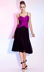 A-line Spaghetti Straps Tea-length Stretch Satin And Tulle Cocktail Dress With A Wrap