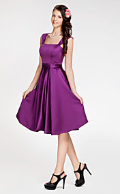 A-line Square Knee-length Satin Bridesmaid Dress