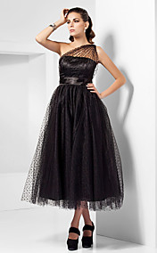  A-line One Shoulder Tea-length Tulle Cocktail Dress Inspired By Kaley Cuoco At The Emmys 