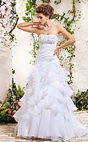 A-line Strapless Floor-length Appliques Side-Draped Tiered Wedding Dress