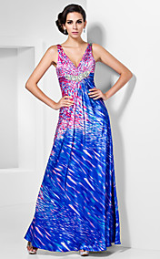 Sheath/Column V-neck Floor-length Satin Dress With Crystal Detailing 