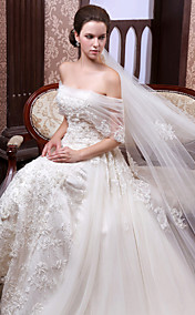 A-line Off-the-shoulder Cathedral Train Satin Tulle Wedding Dress With Veil