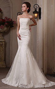 Trumpet/Mermaid StraplessSweep/Brush Train Tulle Satin Wedding Dress 