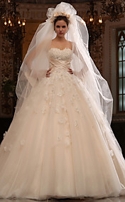 A-line Sweetheart Cathedral Train Tulle Satin Wedding Dress With Veil