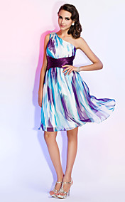 Sheath/Column One Shoulder Knee-length Chiffon Print Dress
