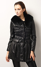 Elegant Lambskin Leather Fox Fur Collar Long Sleeves Party/Office Coat (More Colors)