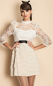 TS Puff Sleeve Lace Embroidery Layered Ruffle Dress