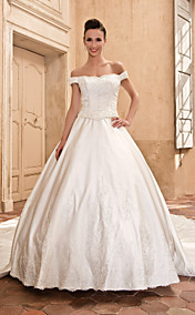 Ball Gown Scalloped-Edge Capped Cathedral Train Satin Wedding Dress