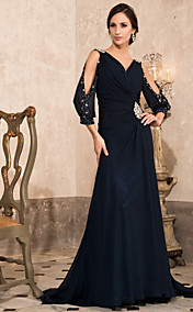  A-line V-neck Sweep/ Brush Train Chiffon Evening Dress