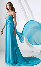 A-line V-neck Sweep/Brush Train Chiffon Evening Dress 