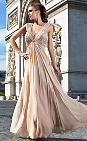 Sheath/Column V-neck Floor-length Chiffon Evening Dress With Beading And Ruching