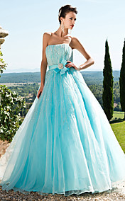  A-line Strapless Floor-length Tulle And Satin Evening Dress With Sequins