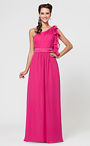 Sheath/Column One Shoulder Floor-length Chiffon And Satin Bridesmaid Dress With Cascading Ruffles 