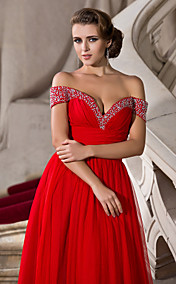 A-line Off-the-shoulder Floor-length Tulle And Chiffon Evening Dress 