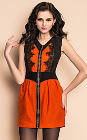 TS High End Contrast Color Lace And Tweed Zipper Dress