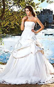 Ball Gown Strapless Chapel Train Satin Pick-up Wedding Dress 