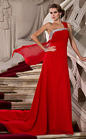 Sheath/Column One Shoulder Court Train Chiffon Evening Dress With Beading 