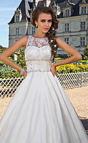 Ball Gown Jewel Chapel Train Satin Wedding Dress