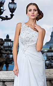  Sheath/Column One Shoulder Sweep/ Brush Train Chiffon Wedding Dress