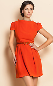 TS Simplicity Stand Collar Puff Sleeve Belt Dress