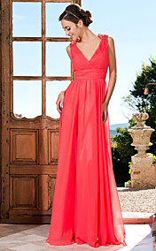 Sheath/Column V-neck Floor-length Chiffon Criss Cross Ruching Beading Evening Dress