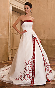 A-line Strapless Sleeveless Organza Satin Chapel Train Wedding Dress 