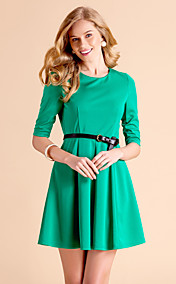 TS Simplicity Round Neck Half Sleeve Pleats Dress(excl.belt)
