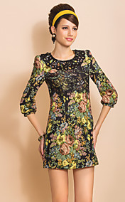 TS Round Collar Lace Floral Print Jacquard Sheath Dress