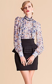 TS Print Chiffon Stand Collar Ruffle Blouse Shirt